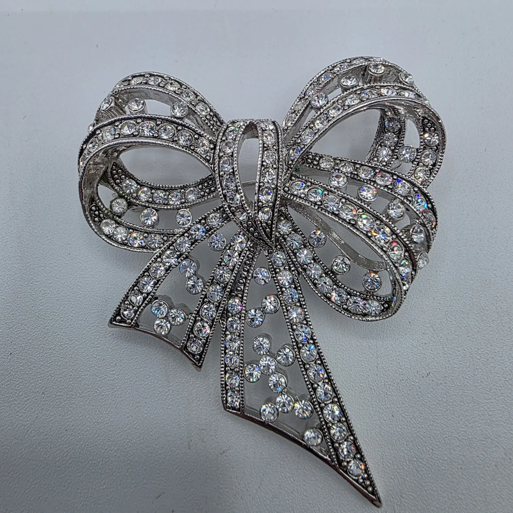 Joan Rivers Crystal and Silver Bow Brooch